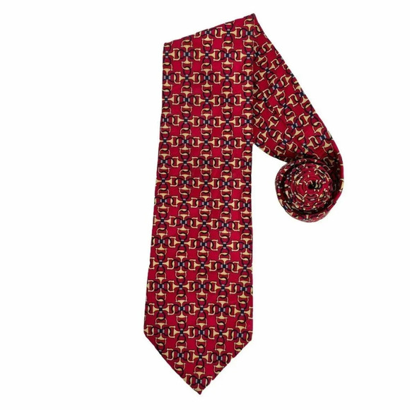Cromley & Finch Necktie Men's Handmade Red Yellow Chain Pattern All Silk London - Picture 1 of 7